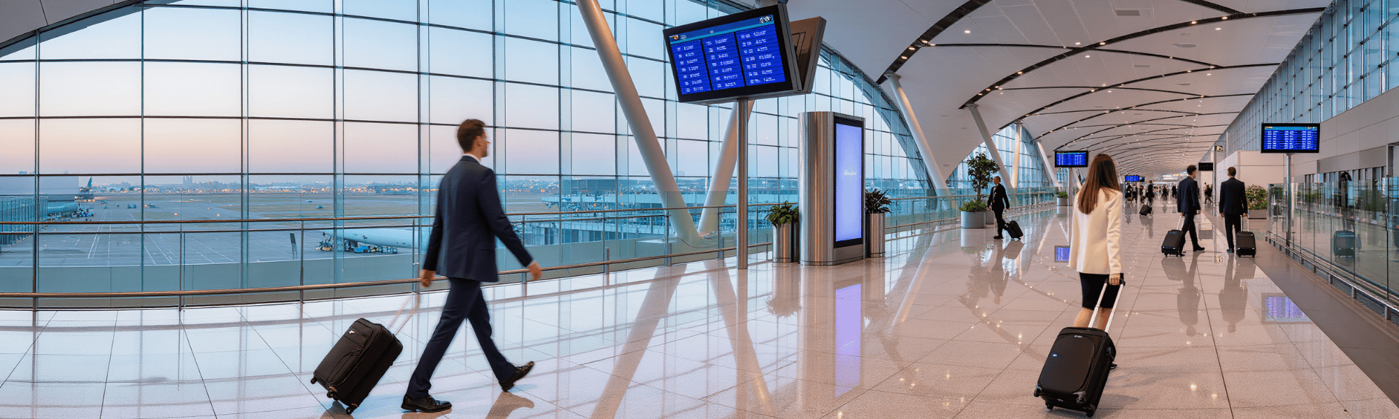 Geschäftsleute gehen mit ihren Koffern durch einen Flughafen