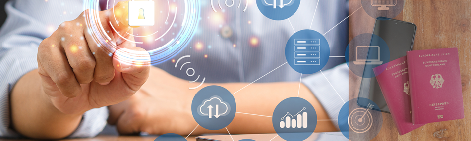 Deutscher Pass mit einer Hand und Sicherheitssymbolen